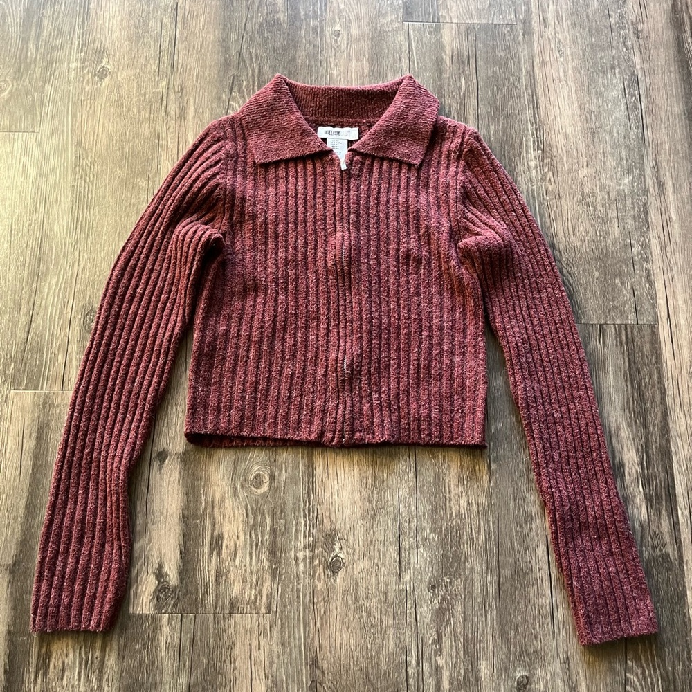 William Rast Collared Zip Up Ribbed Crop Sweater Sz M